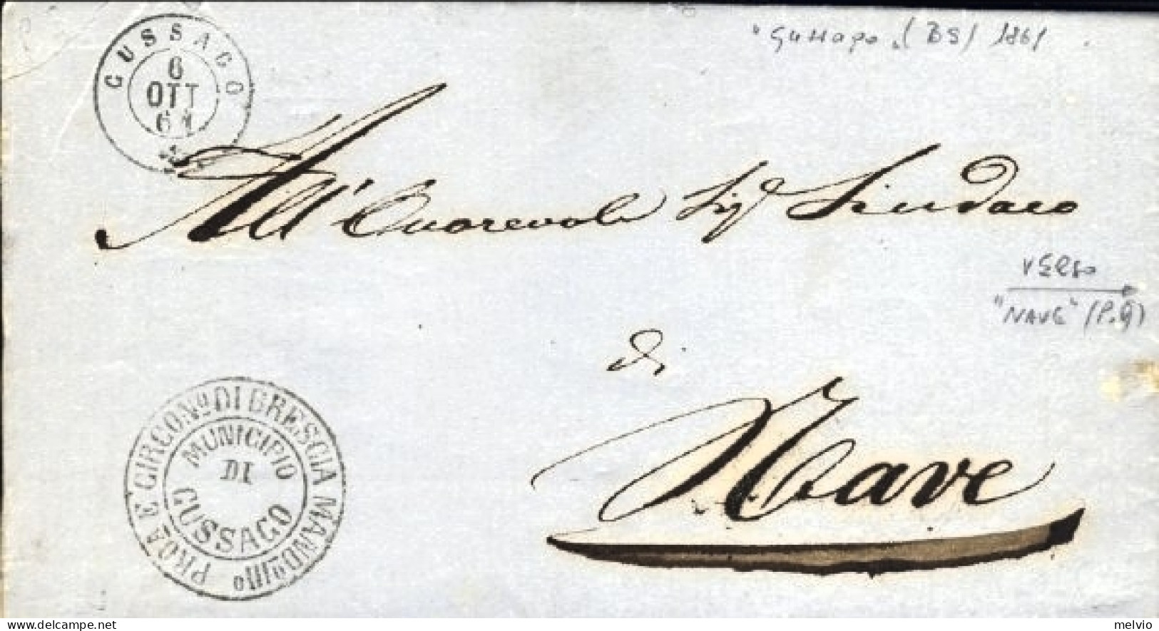 1861-piego Con Testo Dal Comune Di Gussago Brescia Ed Al Verso Annullo A Doppio  - Storia Postale