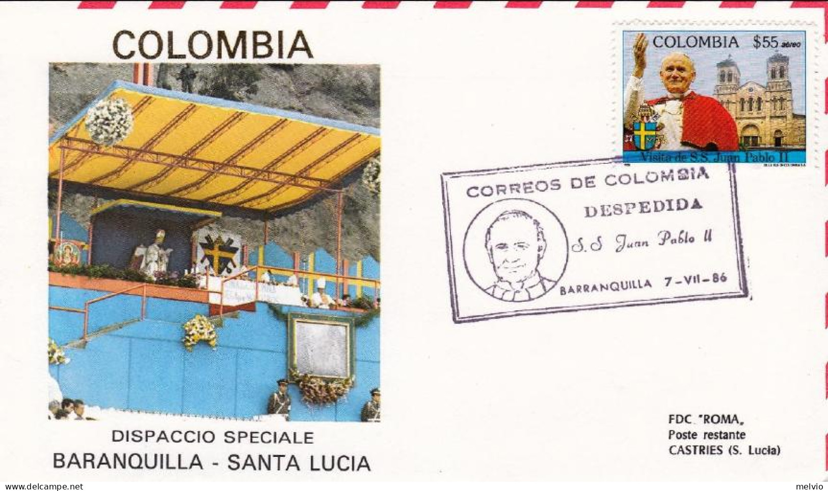 1986-Colombia Viaggio Papale Giovanni Paolo II^Baranquilla Santa Lucia Del 7 Lug - Colombie
