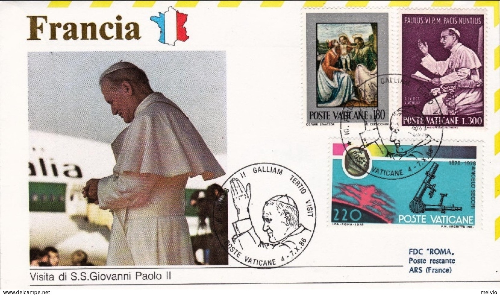 Vaticano-1986 Viaggio Papale Di Giovanni Paolo II^ad Ars Del 4 Luglio - Aéreo