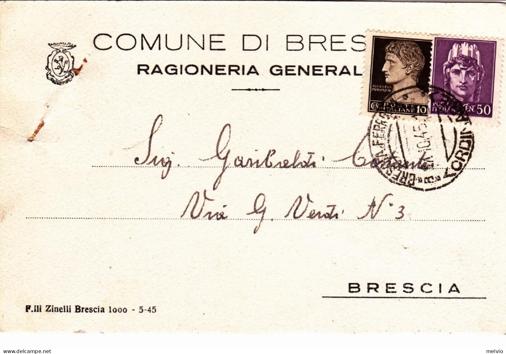 1945-Luogotenenza 10c. + 50c. Imperiale Senza Fasci Tirature Di Novara Su Cartol - Storia Postale