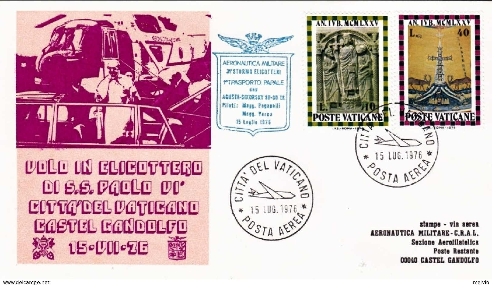 Vaticano-1976  Cartolina Ufficiale Volo In Elicottero Di S.S. Paolo VI Citta' De - Airmail