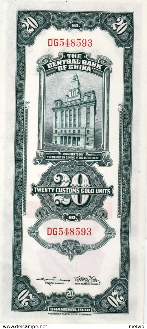 1930-Shanghai Banconota Fds "Twenty Custom Gold Units" Della Banca Centrale Di C - Chine