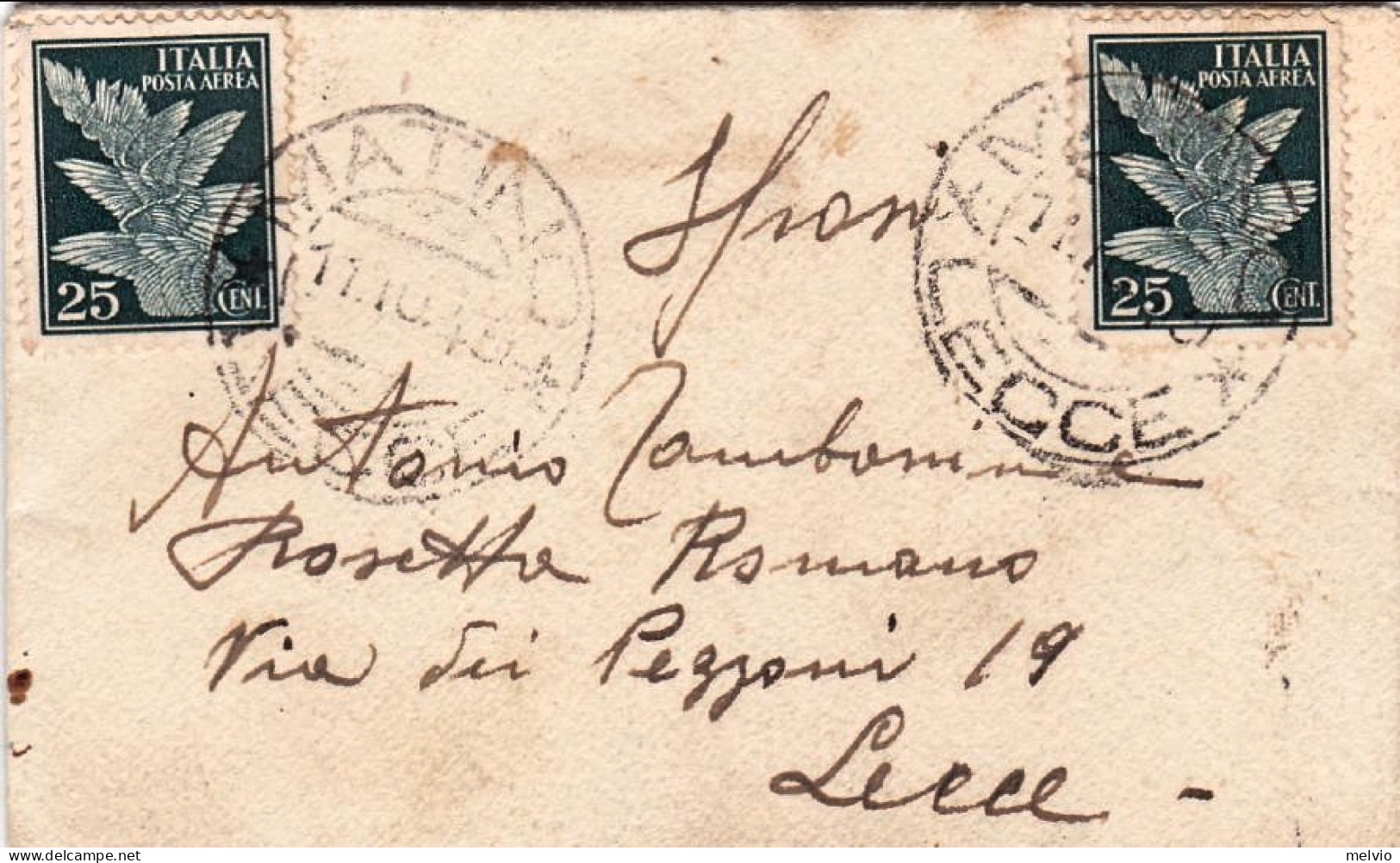 1940-bigliettino Per Auguri Affrancato Con Due 25c. Di Posta Aerea Annullo Di Ma - Storia Postale