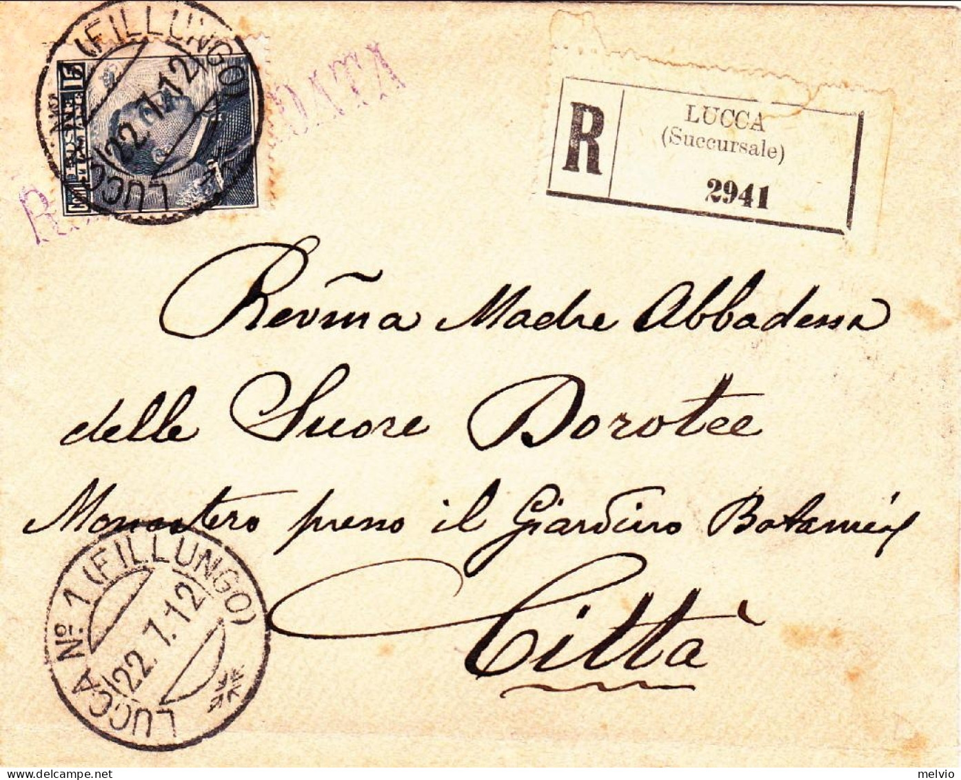 1912-busta Raccomandata Affrancata 15c. Michetti Per Citta' Annullato Luca N.1 ( - Marcophilia
