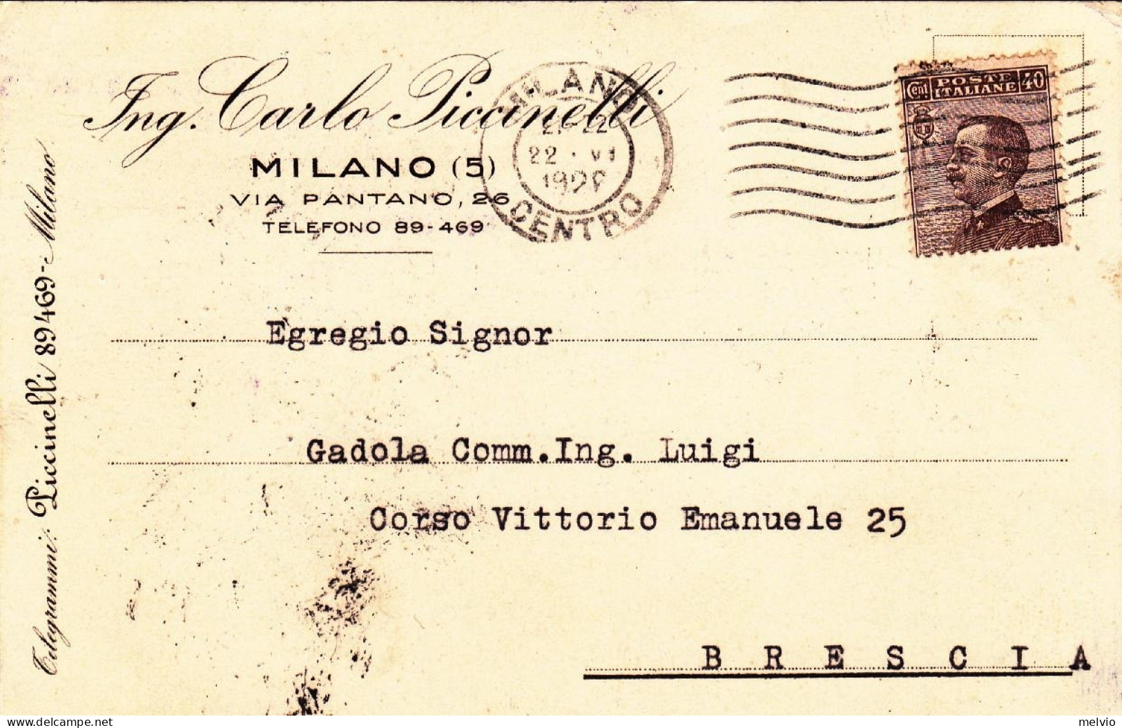 1926-intestazione Ing.Carlo Piccinelli Di Milano - Storia Postale