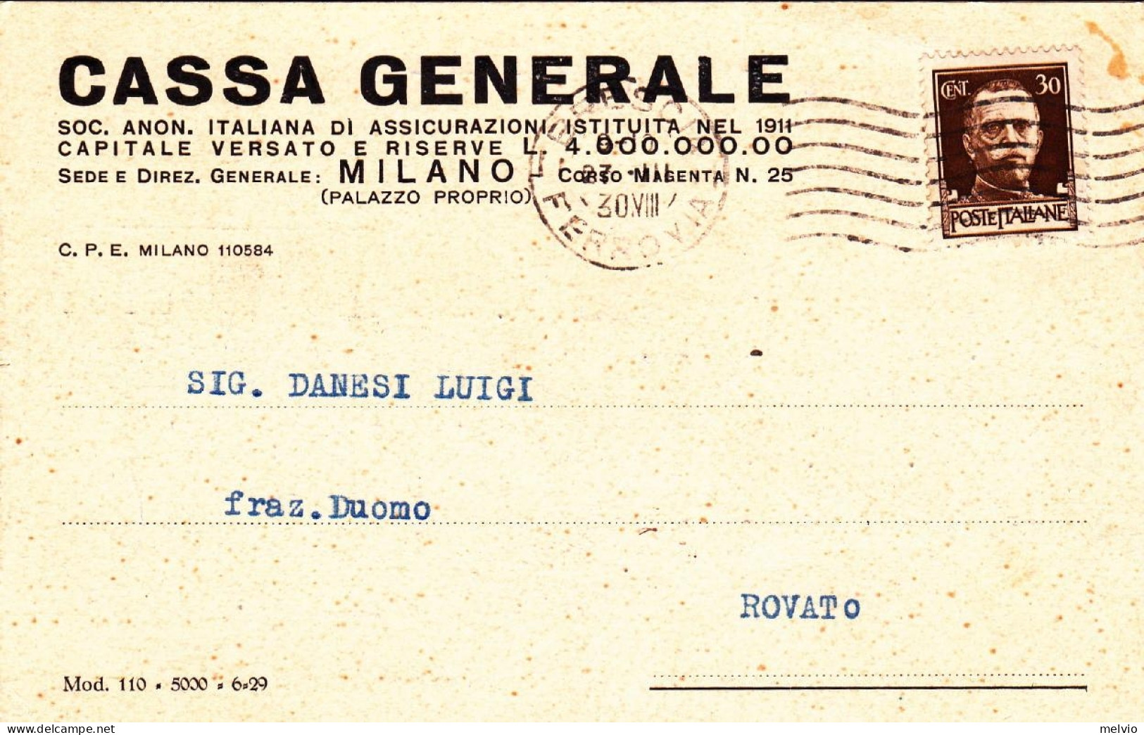 1930-Cassa Generale Di Milano Affrancata 30c.Imperiale - Marcophilia