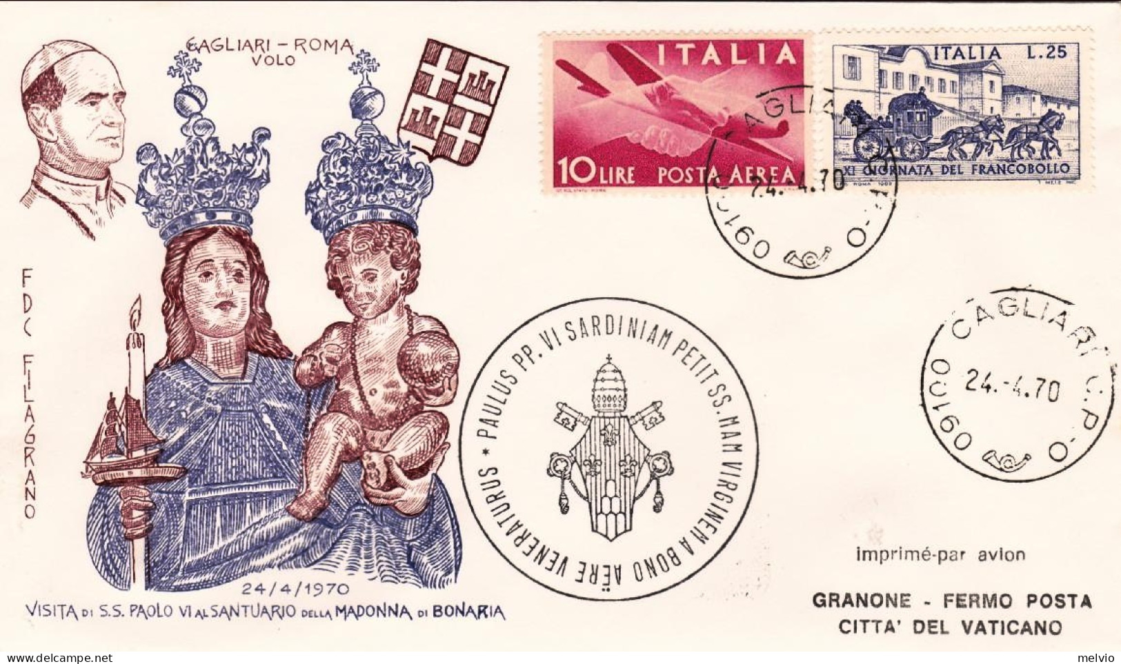 1970-volo Di Ritorno Della Visita Di Sua Santita' Paolo VI Al Santuario Della Ma - Airmail