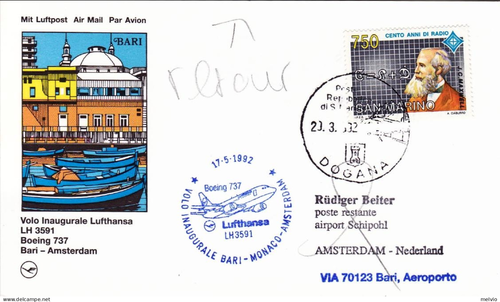 1992-San Marino Cartolina Ufficiale I^volo Lufthansa Boeing 737 LH 3591 Bari Ams - Poste Aérienne