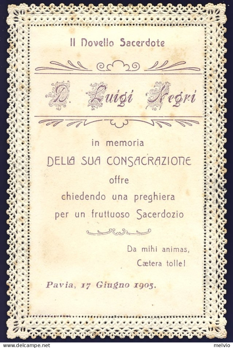 1905-Luigi Negri, Pavia 17 Giugno, Santino Merlettato In Memoria Della Consacraz - Santini