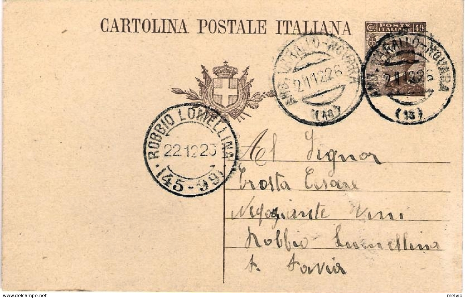 1926-cartolina Postale 40c.bruno Michetti Annullo Ambulante Varallo-Novara+in Ar - Stamped Stationery