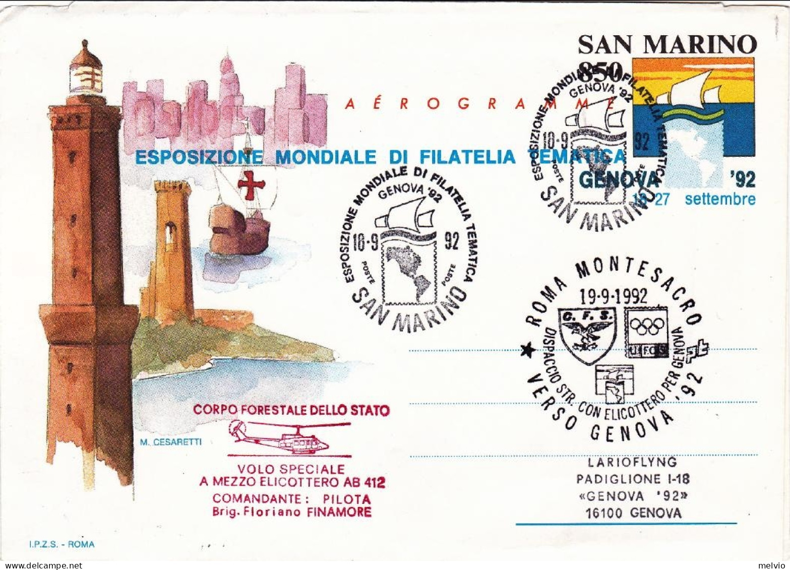 San Marino-1992 L.850 Celebrazioni Colombiane Bollo Dispaccio Volo Straordinario - Poste Aérienne