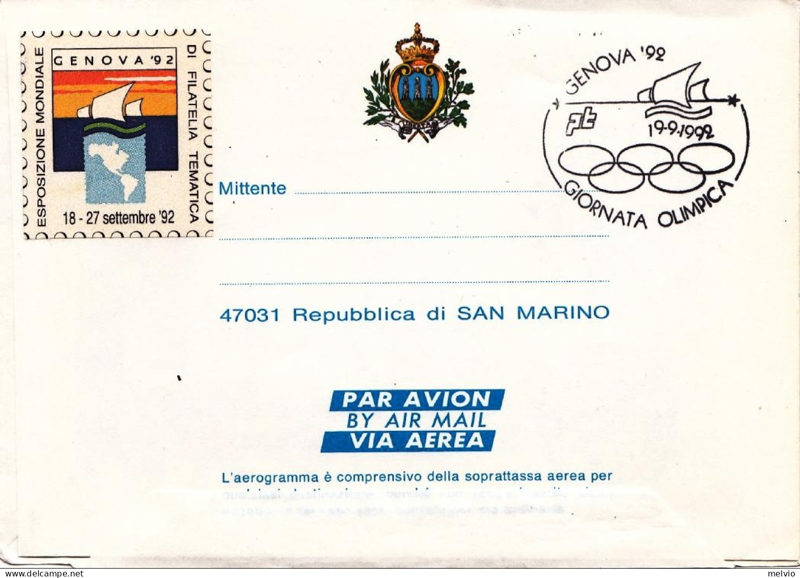 San Marino-1992 L.850 Celebrazioni Colombiane Bollo Dispaccio Volo Straordinario - Luftpost