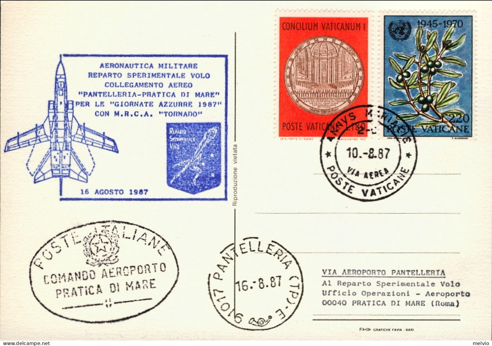 Vaticano-1987 Cartolina Aeronautica Militare Giornate Azzurre Volo Collegamento  - Poste Aérienne