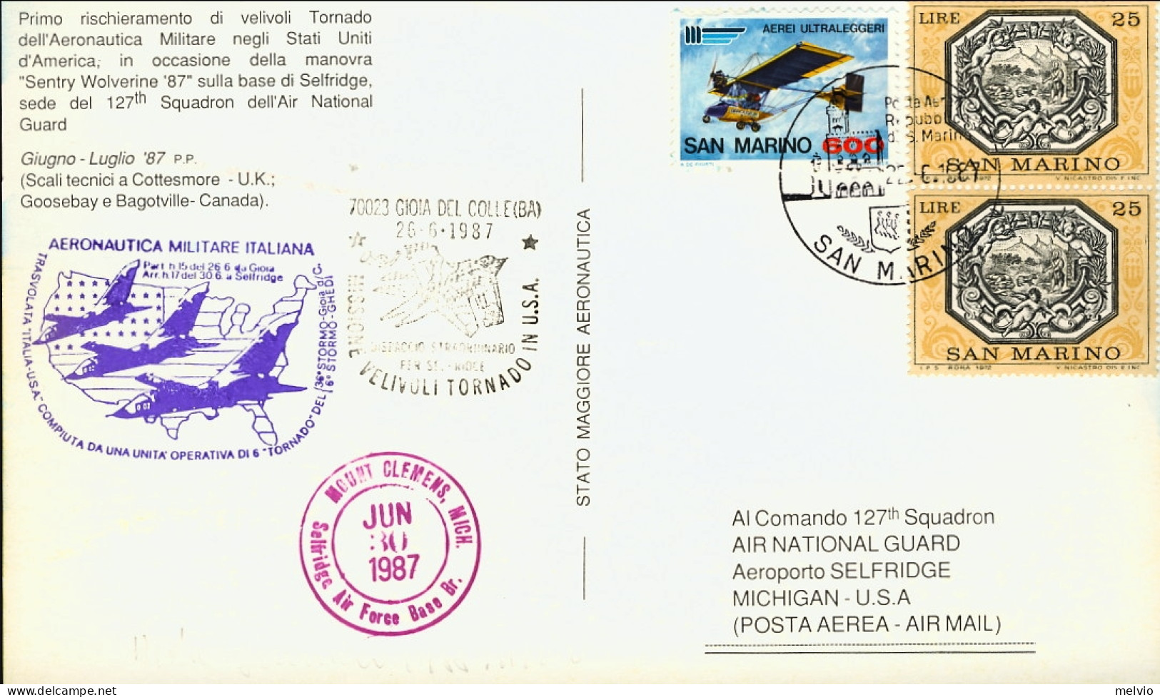 San Marino-1987 Missione Velivoli Tornado In U.S.A. Volo Gioia Del Colle Selfrid - Airmail