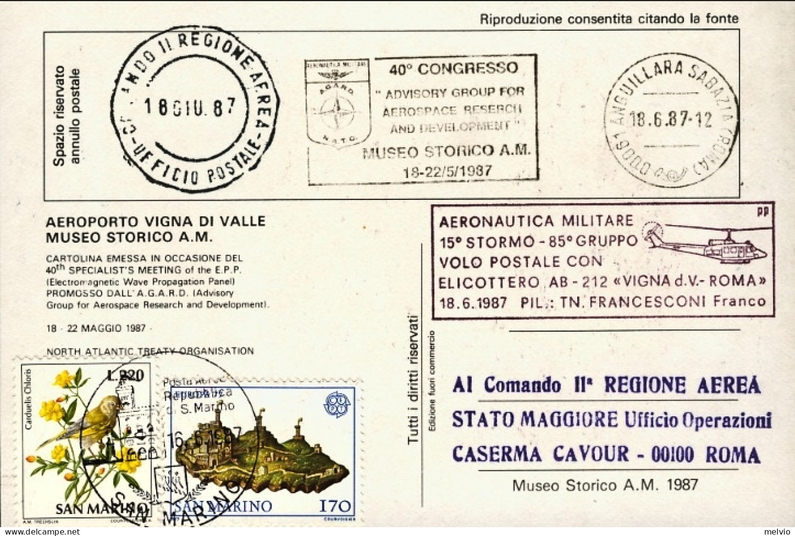 San Marino-1987 Cartolina 40^ Congresso AGARD/NATO Volo Postale Con ElicotteroAB - Airmail