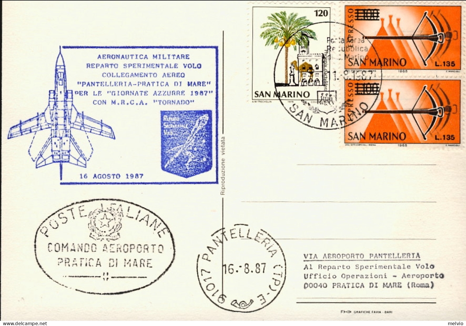 San Marino-1987 Cartolina Aeronautica Militare Giornate Azzurre Volo Collegament - Poste Aérienne