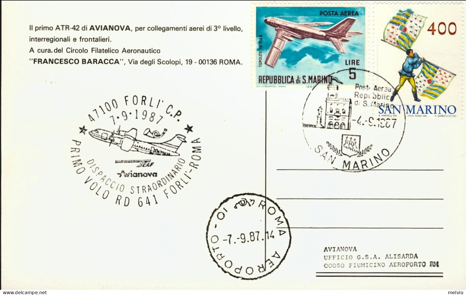 San Marino-1987 ATR 42 Di Avianova I^volo RD 641 Forlì Roma Del 7 Settembre - Luftpost