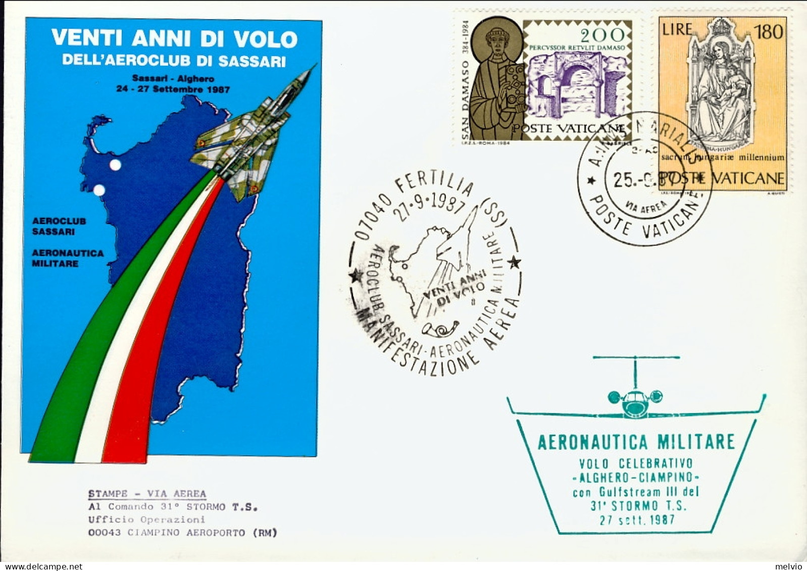Vaticano-1987  Vent'anni DI^volo Dell'aereo Club Di SassarI^volo Celebrativo Alg - Airmail