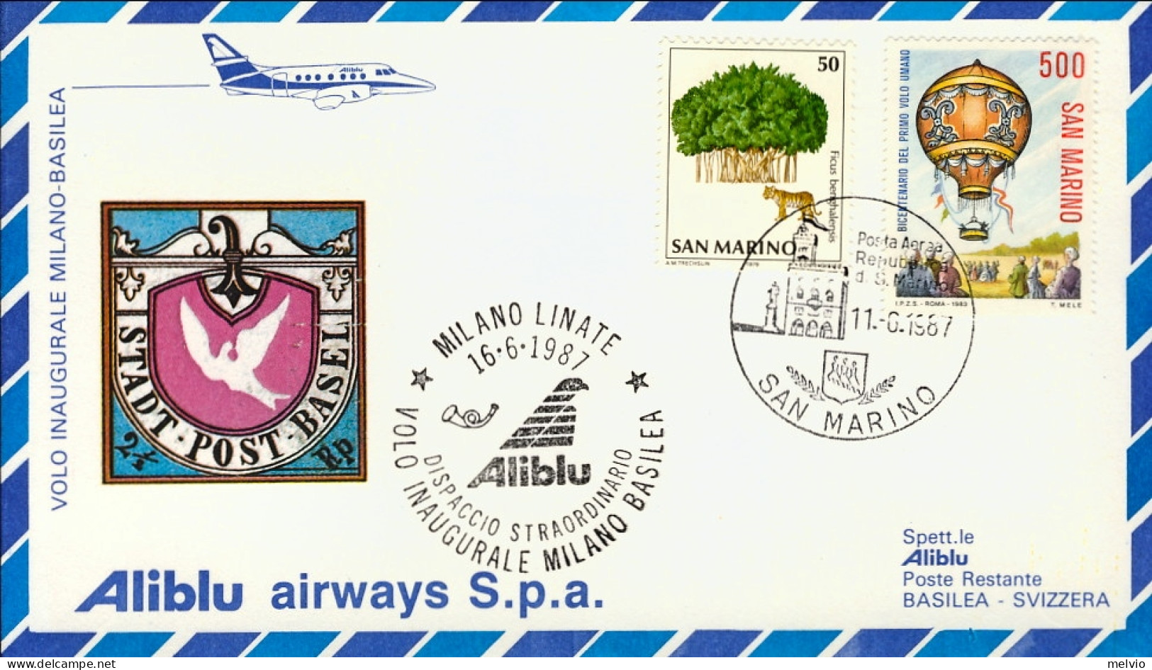 San Marino-1987 I^volo Aliblu AZ 1414 Milano Basilea Del 16 Giugno, Non Cataloga - Poste Aérienne
