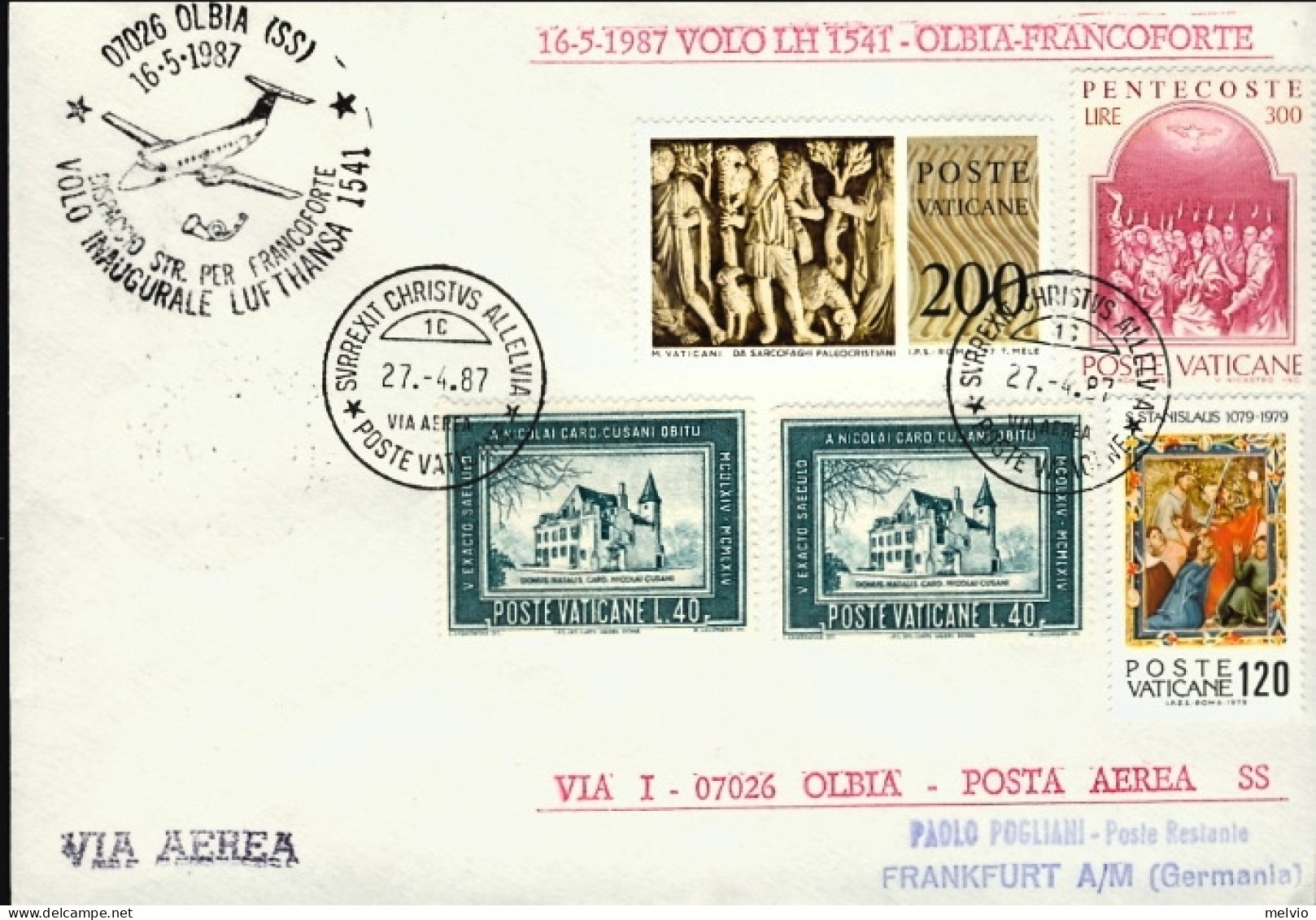 Vaticano-1987 I^volo Lufthansa LH 1541 Olbia Francoforte Del 16 Maggio - Airmail