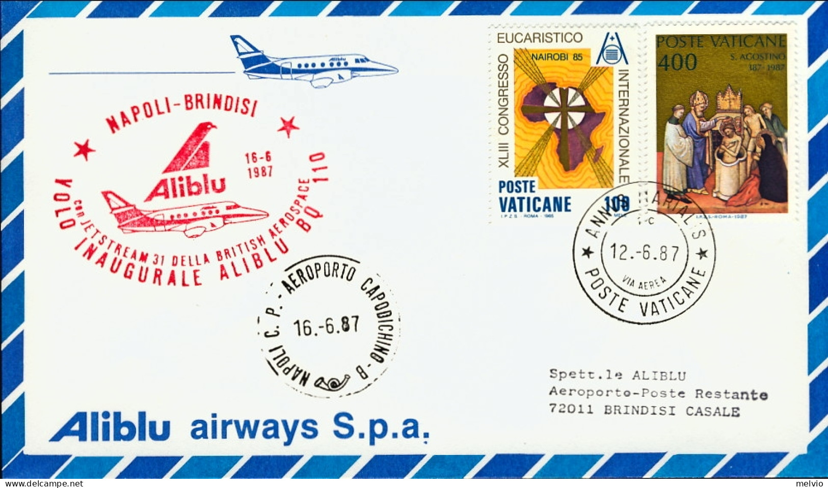 Vaticano-1987 I^volo Aliblu BQ 110 Napoli Brindisi (30 Pezzi Trasportati) - Airmail