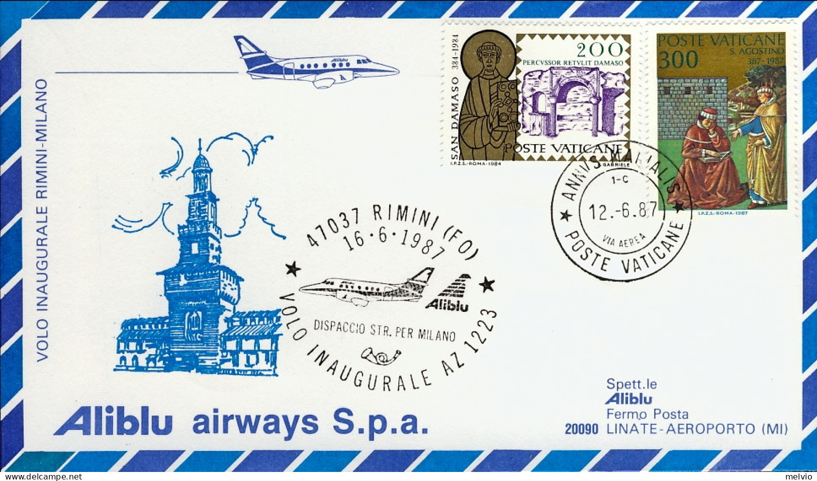 Vaticano-1987 I^volo Aliblu AZ 1223 Rimini Milano Del 16 Giugno (55 Pezzi Traspo - Airmail