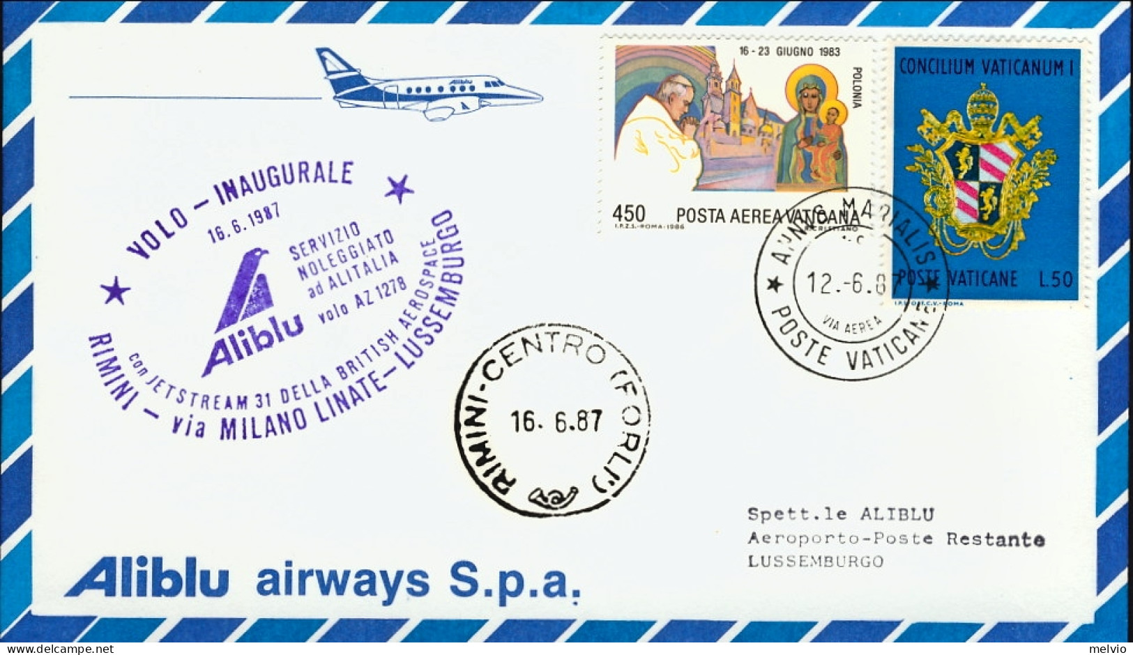 Vaticano-1987 I^volo Aliblu AZ 1278 Rimini Lussemburgo Via Milano Linate (37 Pez - Airmail