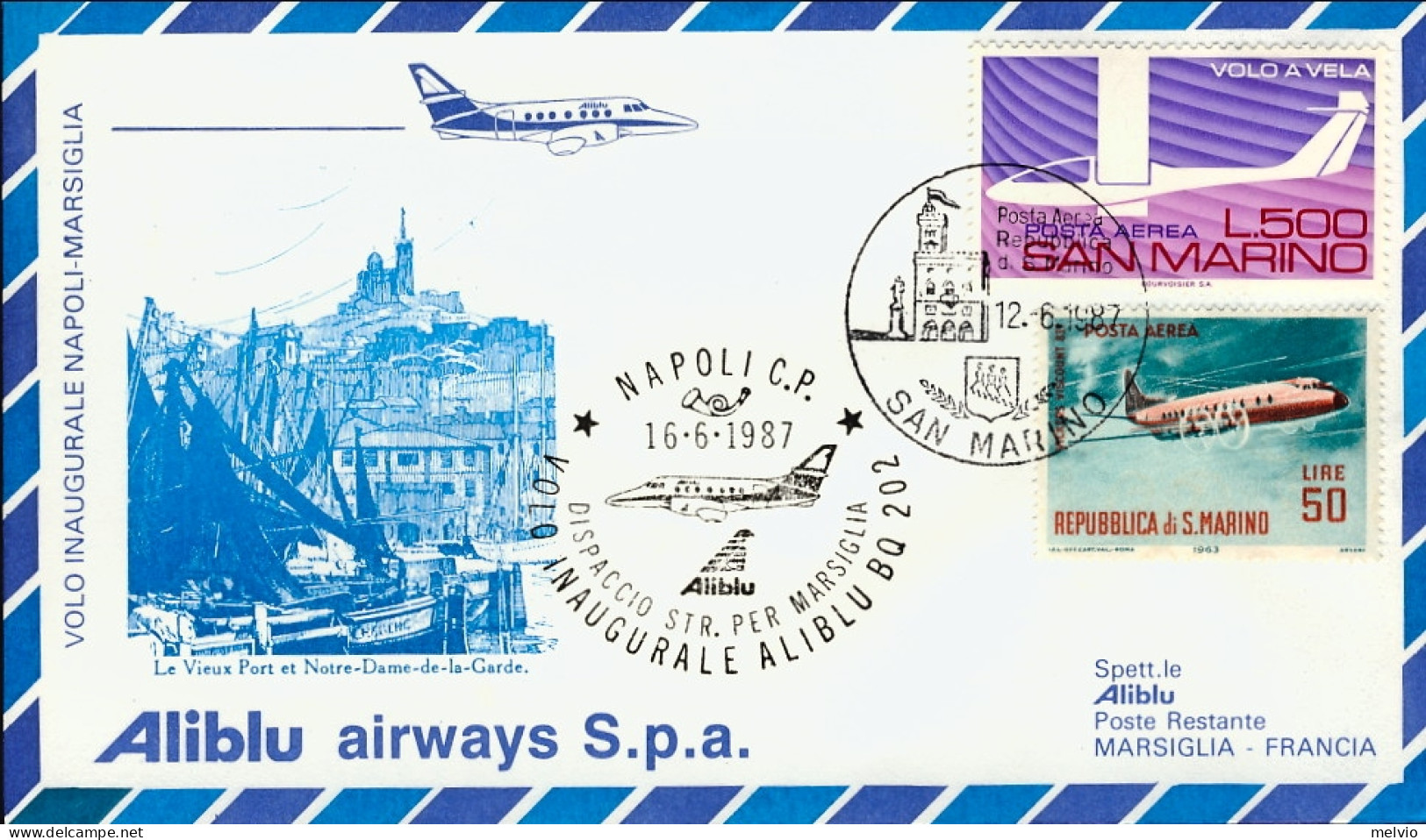 San Marino-1987 I^volo Aliblu BQ 202 Napoli Marsiglia Del 16 Giugno (45 Pezzi Tr - Luftpost