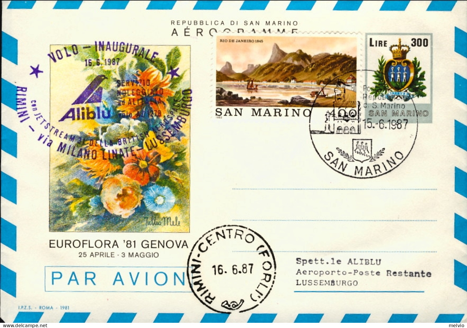 San Marino-1987 I^volo Aliblu AZ 1278 Rimini Lussemburgo Via Milano Linate Del 1 - Airmail