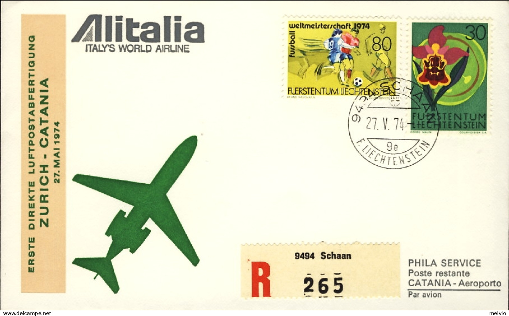 1974-Liechtenstein Raccomandata I^volo DC9 Alitalia Zurigo Catania Del 27 Maggio - Aéreo