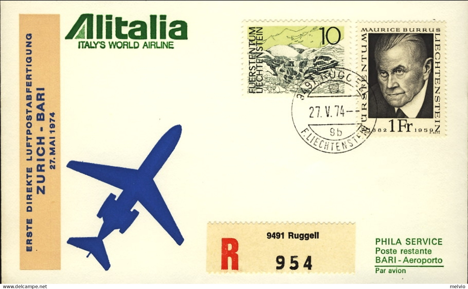 1974-Liechtenstein Raccomandata I^volo DC9 Alitalia Zurigo Bari Del 27 Maggio Po - Luchtpostzegels