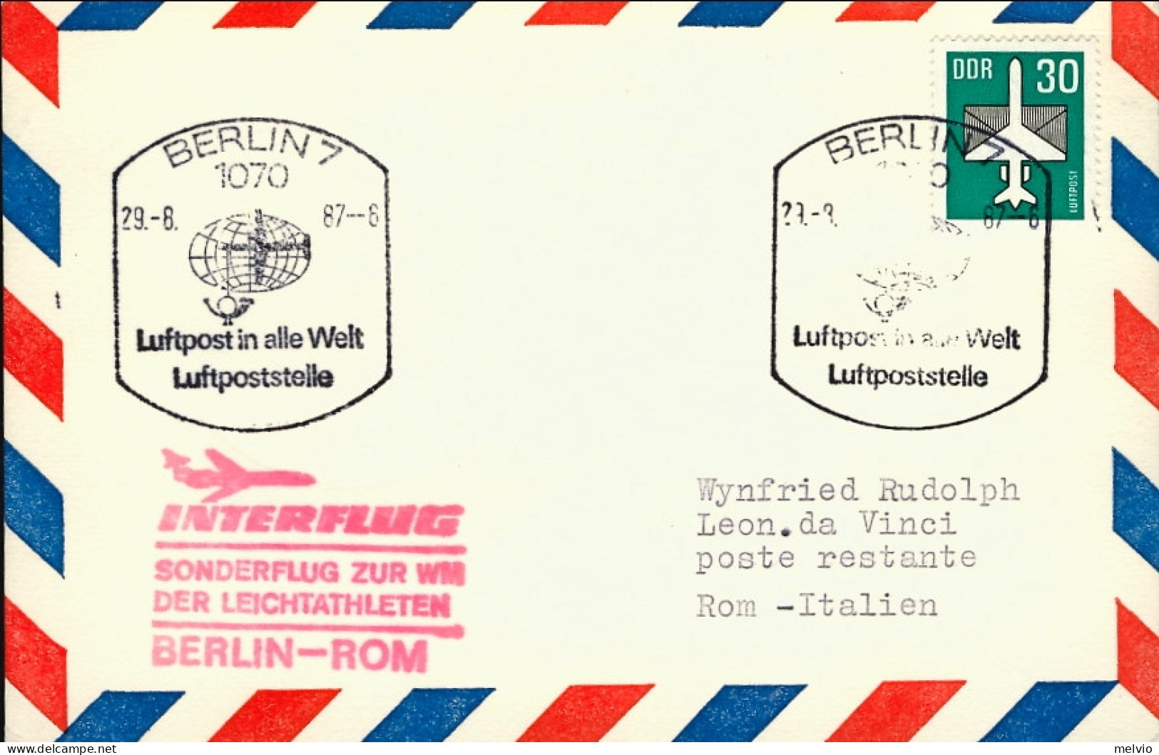 1987-Germania Interflug Sonderflug Zur Wir Der Leichtathleten Berlino Roma Del 2 - Lettres & Documents