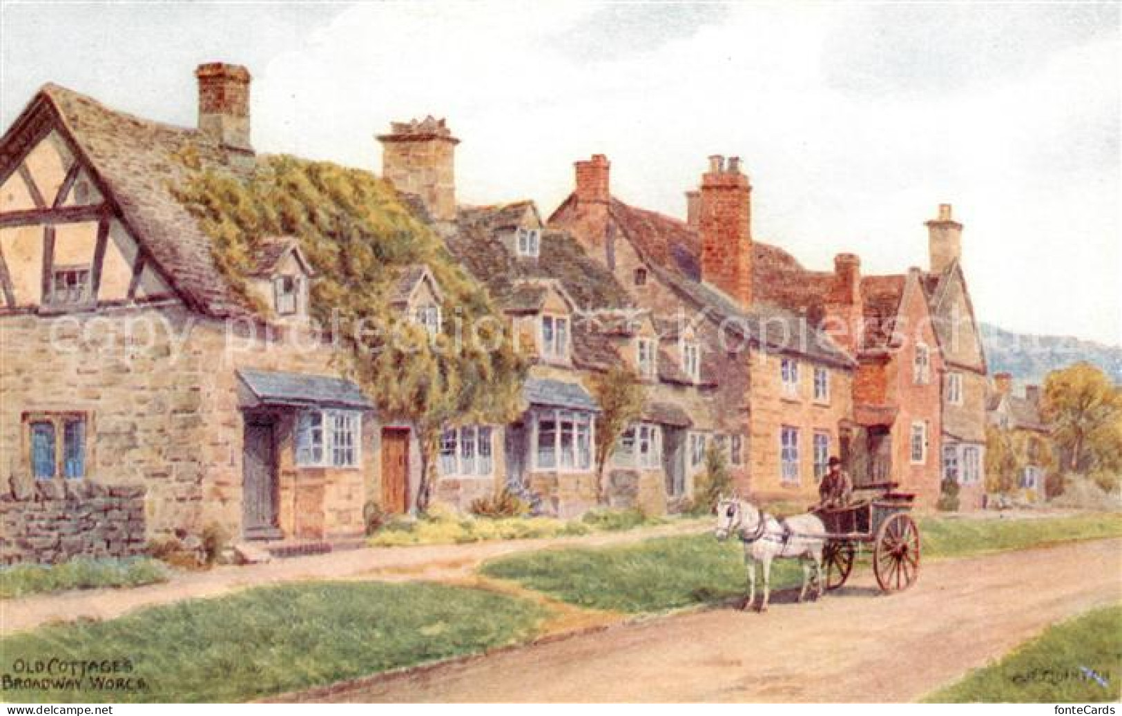 73865600 Broadway  Worchestershire UK Old Cottages Pferdekutsche Kuenstlerkarte  - Andere & Zonder Classificatie