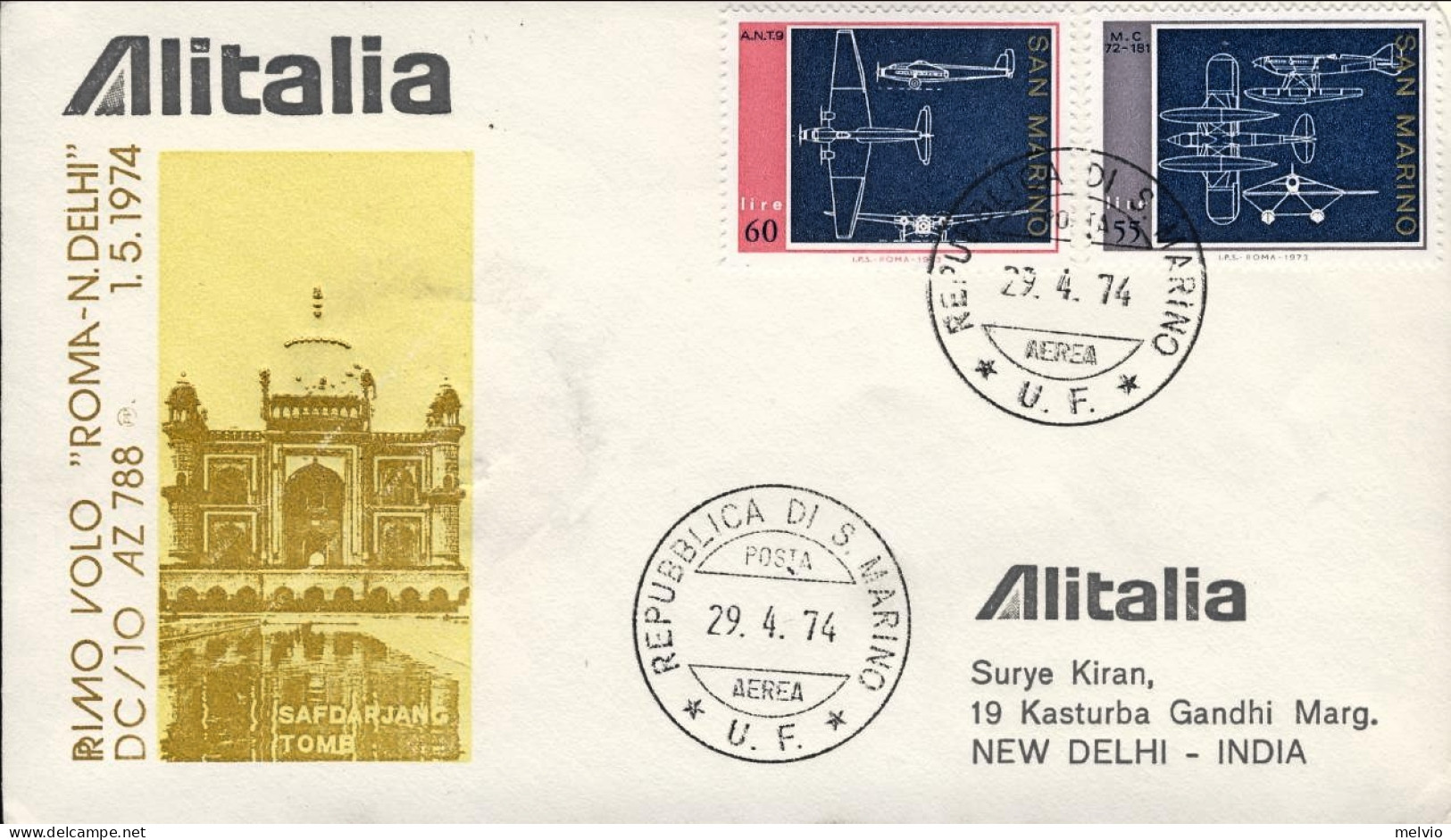 San Marino-1974 I^volo Alitalia AZ 788 Del 1 Maggio - Airmail