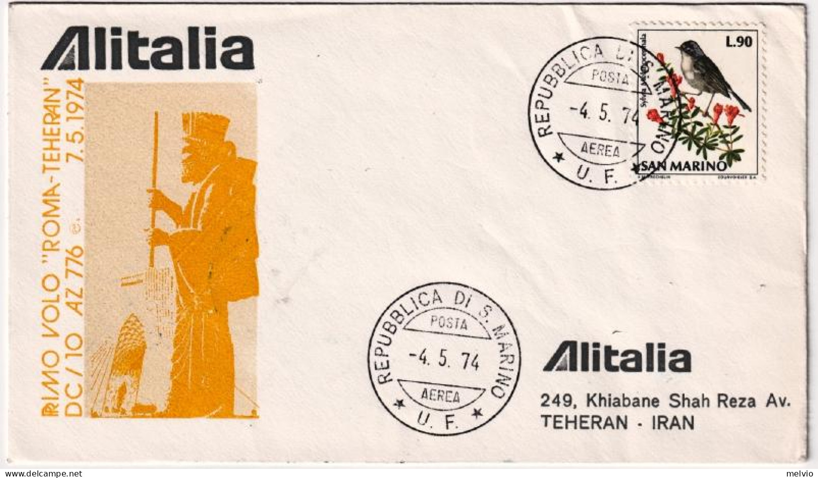 San Marino-1974 I^volo Alitalia AZ 776 Roma Teheran Del 7 Maggio,timbro D'arrivo - Luftpost