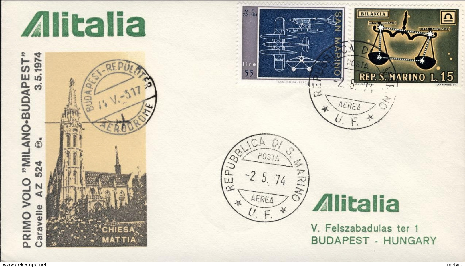 San Marino-1974 I^volo Alitalia AZ 524 Milano Budapest Del 3 Maggio - Posta Aerea