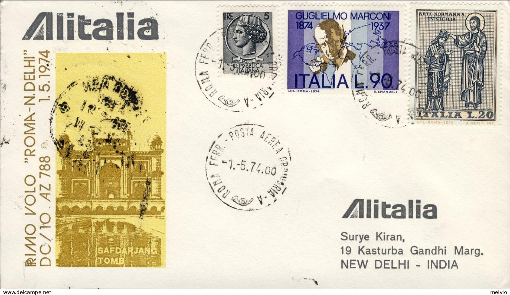 1974-I^volo Alitalia AZ 788 Del 1 Maggio - Correo Aéreo