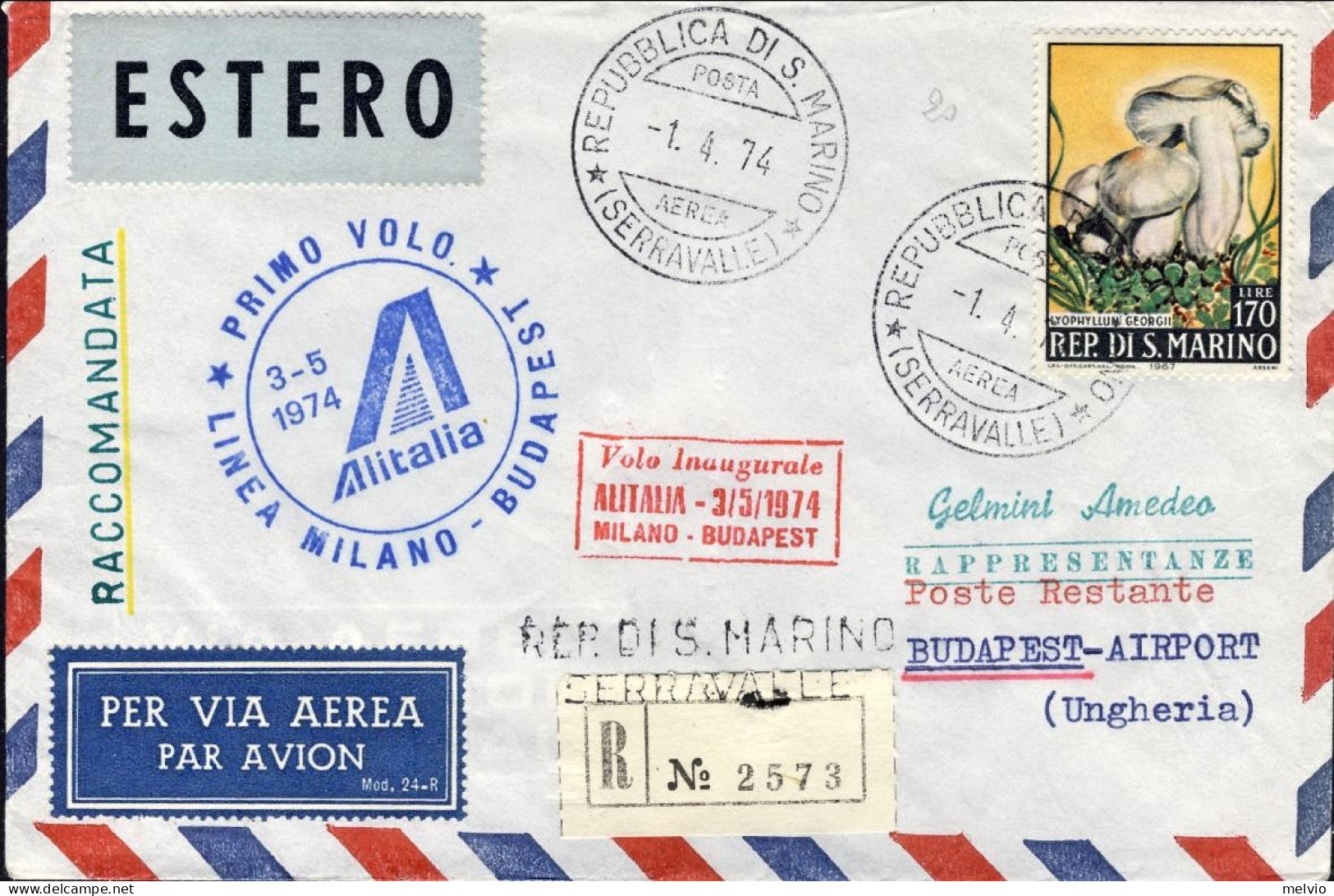 San Marino-1974 Raccomandata I^volo Alitalia AZ 524 Milano Budapest Del 3 Maggio - Poste Aérienne