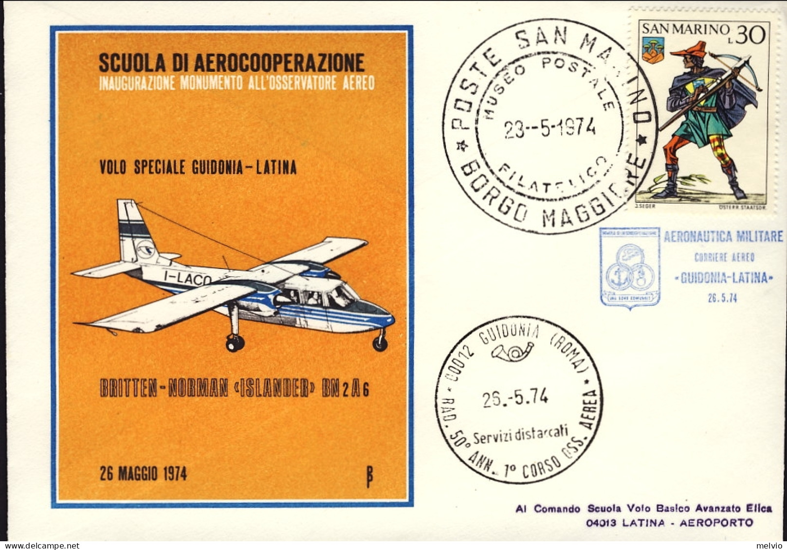 San Marino-1974 Scuola Di Aereocooperazione Inaugurazione Monumento All'osservat - Airmail