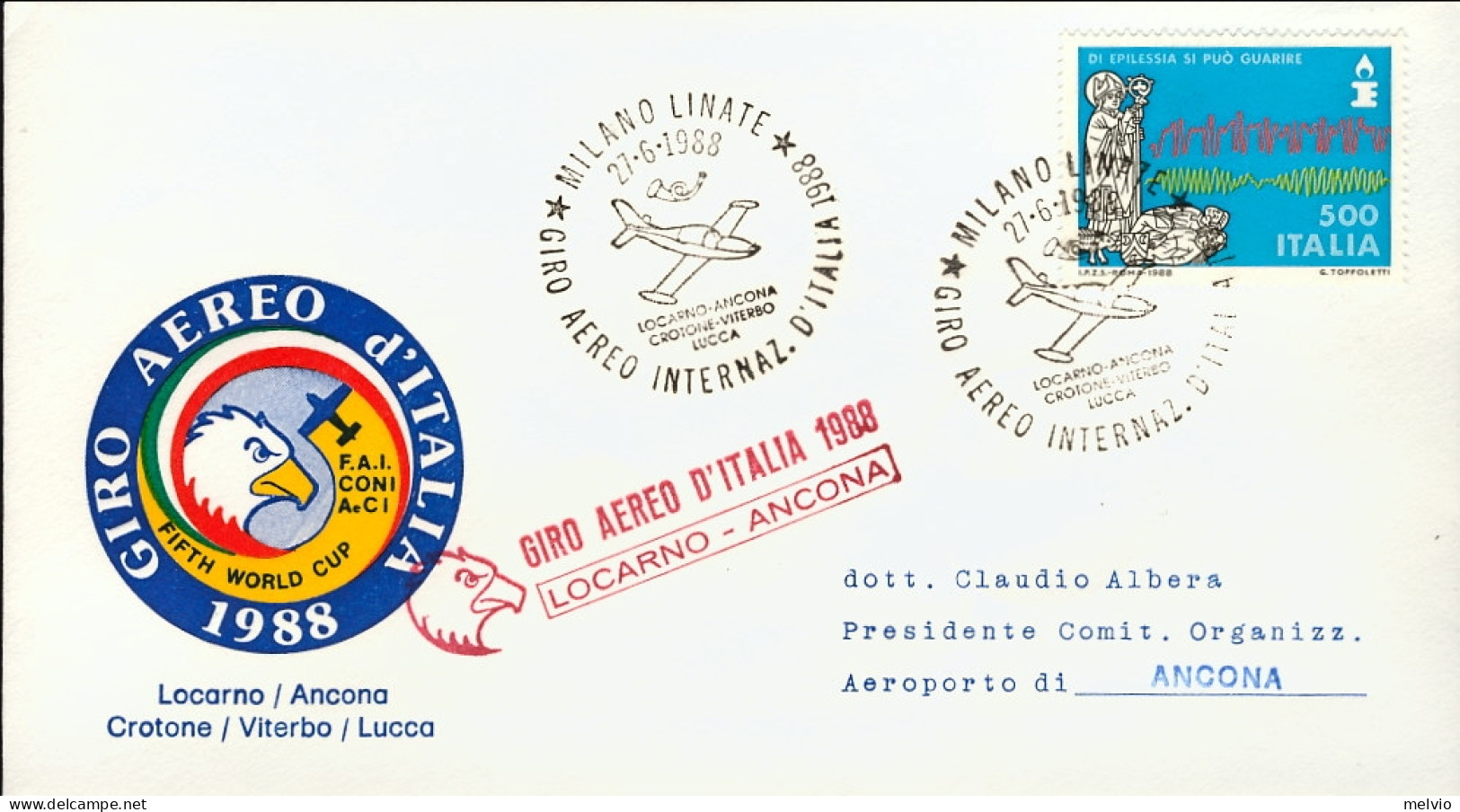 1988-giro Aereo Internazionale D'Italia Locarno Ancona Del 27 Giugno - Correo Aéreo