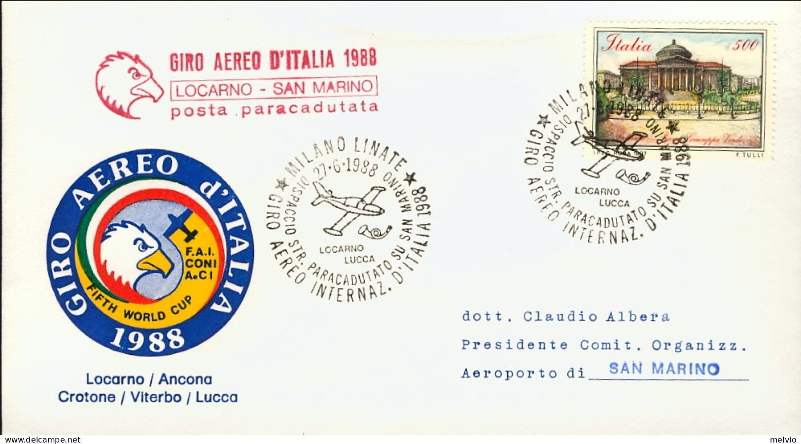 1988-giro Aereo Internazionale D'Italia Locarno San Marino Posta Paracadutata Su - Poste Aérienne