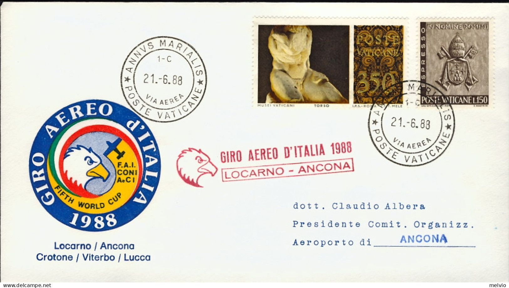 1988-Vaticano Giro Aereo Internazionale D'Italia Locarno Ancona - Airmail