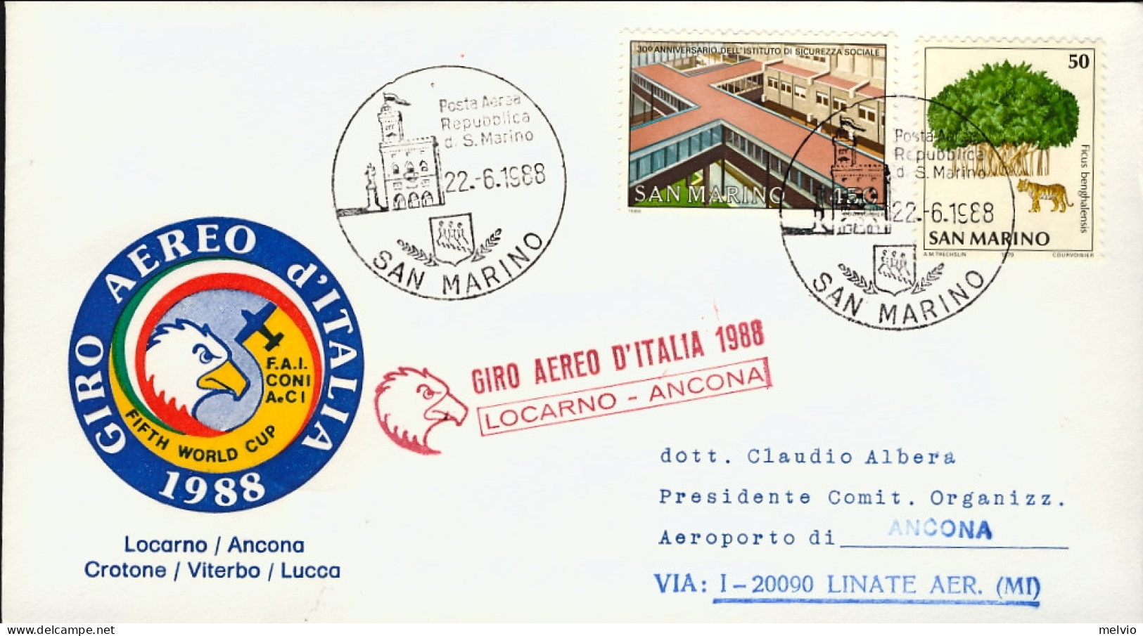 1988-San Marino Giro Aereo Internazionale D'Italia Locarno Ancona - Poste Aérienne