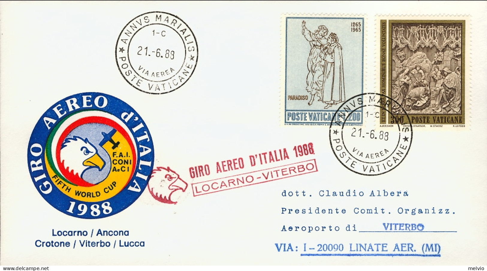 1988-Vaticano Giro Aereo Internazionale D'Italia Locarno Viterbo - Poste Aérienne