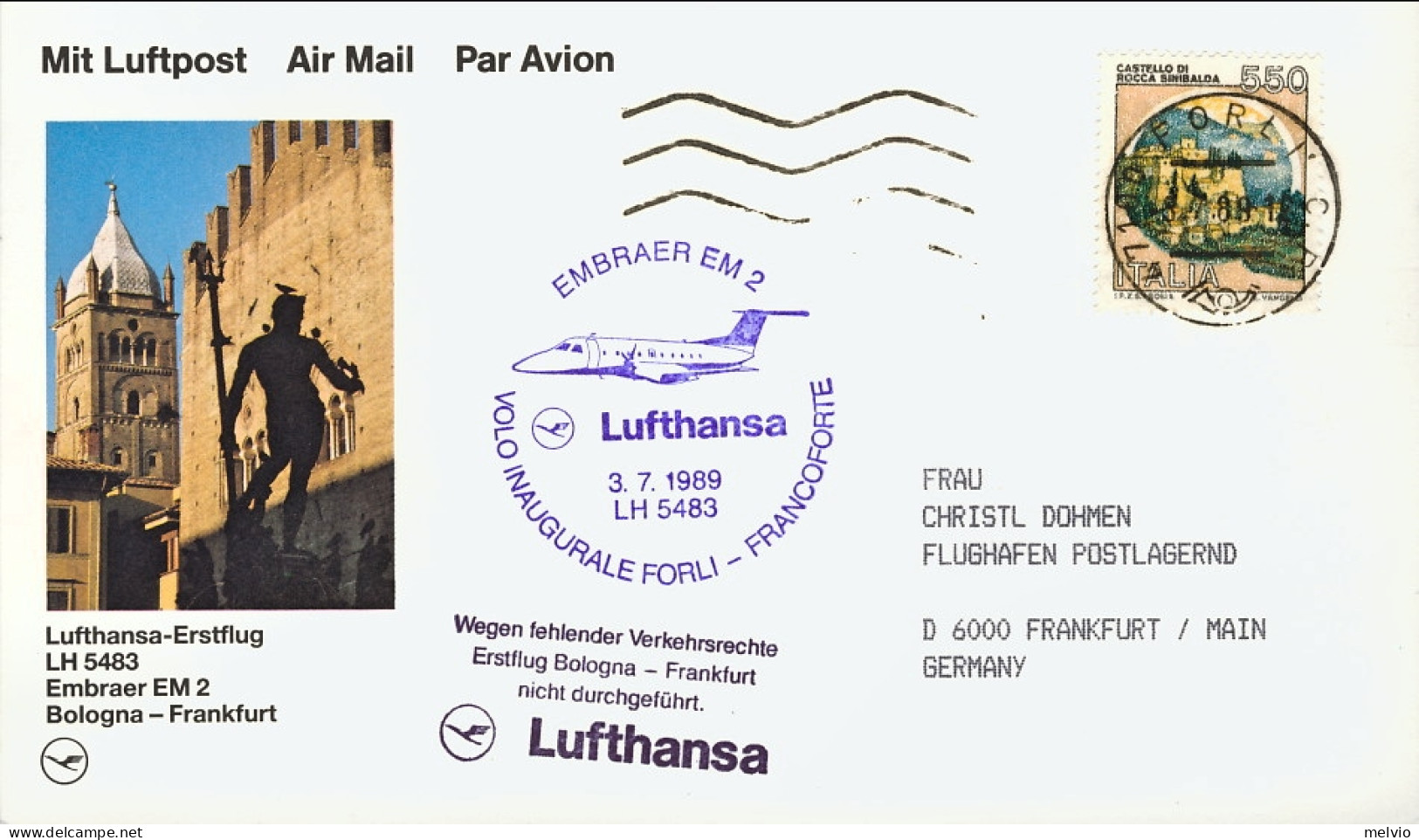 1989-cartolina Illustrata I^volo Lufthansa LH 5483 Bologna Francoforte Via Forlì - Correo Aéreo