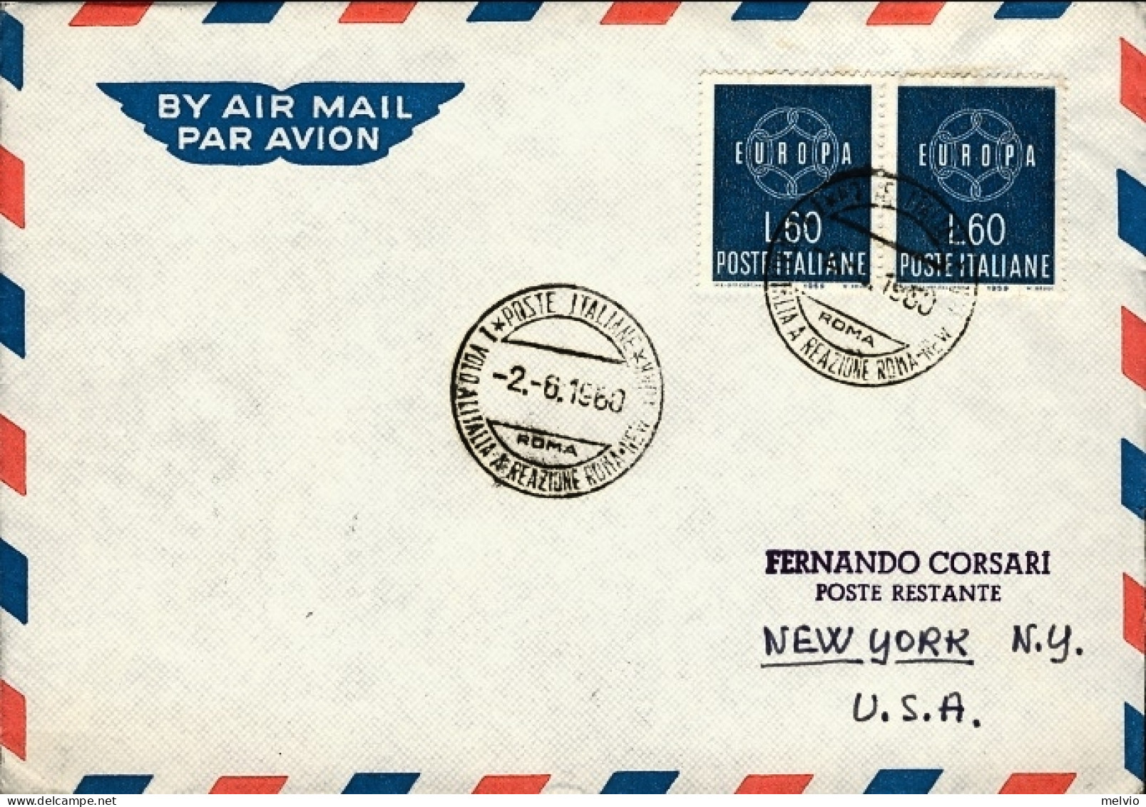 1960-affrancata Coppia L.60 Europa Con Annullo I^volo Alitalia A Reazione Roma N - Correo Aéreo