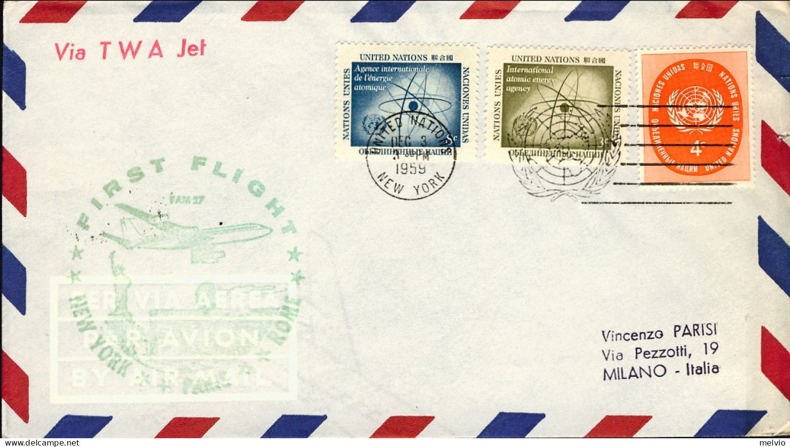 1959-Nazioni Unite I^volo TWA New York Roma Del 3 Dicembre - Otros & Sin Clasificación
