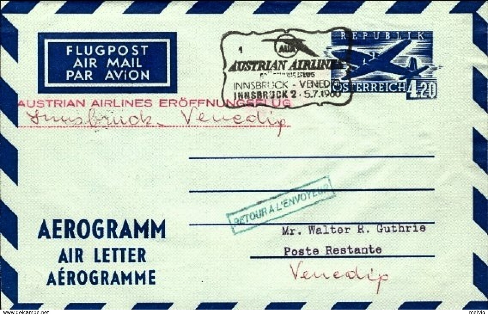 1960-Autriche Osterreich Austria Volo AUA Innsbruck Venezia Del 5 Luglio - Other & Unclassified