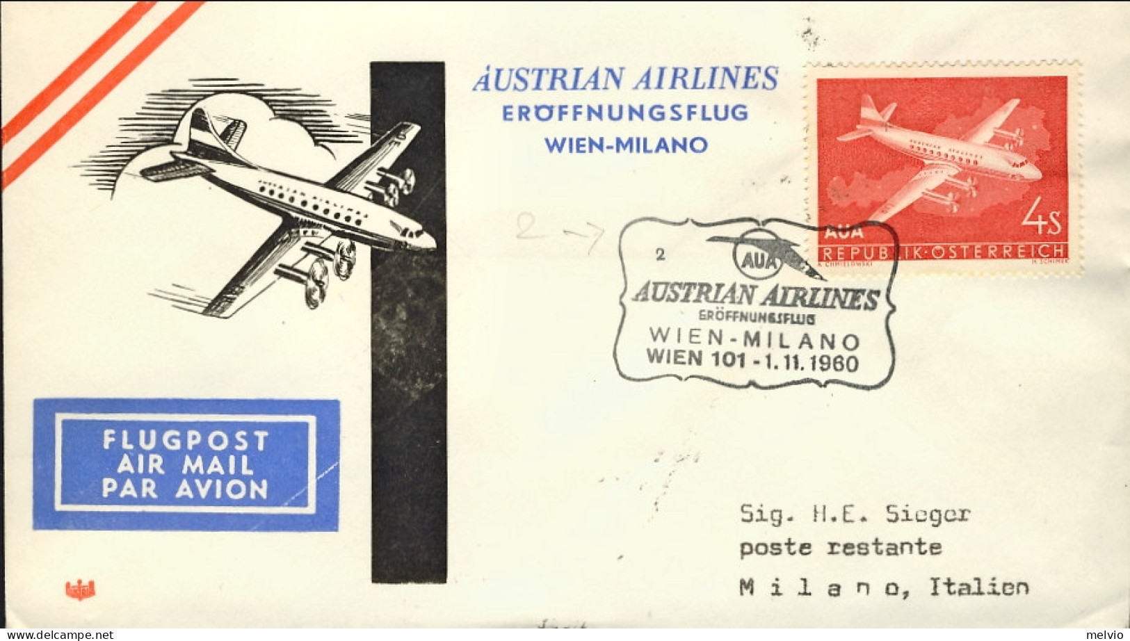1960-Austria I^volo AUA Vienna Milano Del 2 Novembre - Andere & Zonder Classificatie