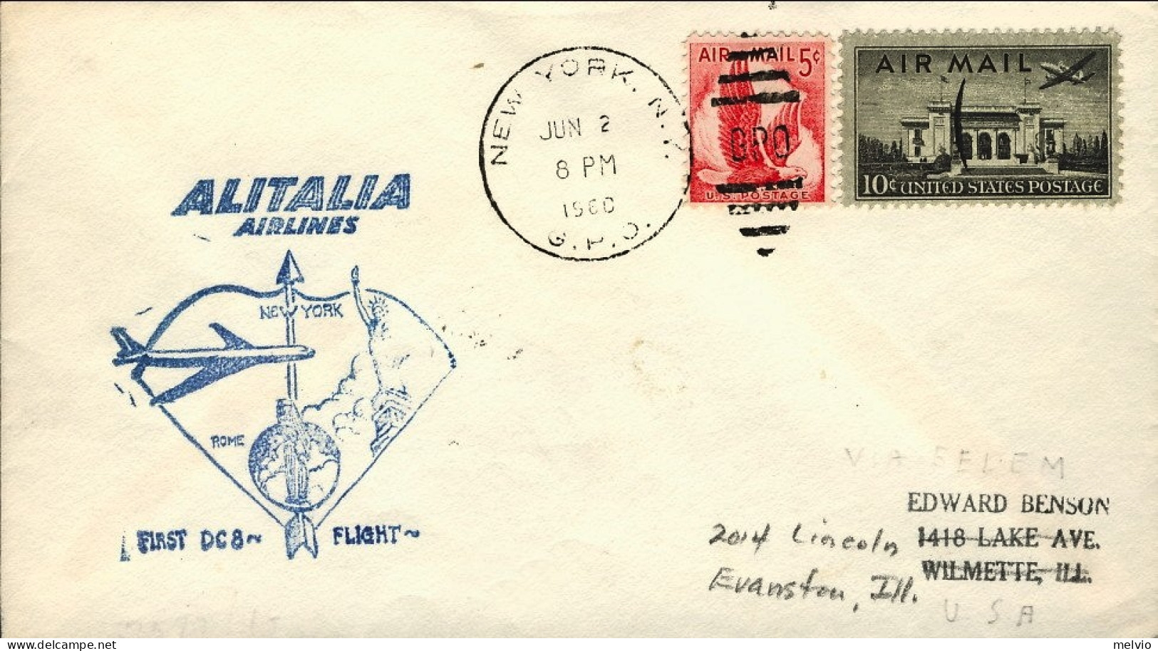 1960-U.S.A. Bollo Azzurro I^volo Alitalia New York Roma Del 2 Giugno - Other & Unclassified